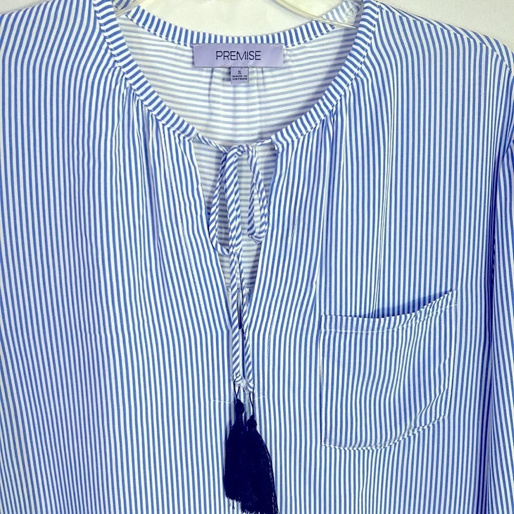Premise Blue And White Striped Hi Lo Tunic Top Size Small Front Pocket